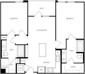 A black and white image of a house floor plan with two bedrooms, a living/dining area, a kitchen, a bath, a pantry, a closet, and storage.