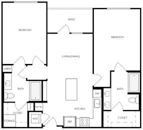 A black and white image of a house floor plan with two bedrooms, a living/dining area, a kitchen, a bath, a pantry, a closet, a storage area, and a W/D.