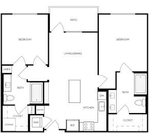 A black and white image of a house floor plan with two bedrooms, a living/dining area, a kitchen, a bath, a pantry, a closet, and storage.