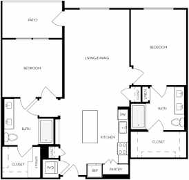 A black and white image of a house floor plan with a patio, two bedrooms, a living/dining area, a bath, a kitchen, a pantry, a closet, and a storage closet.