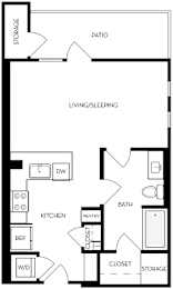 A black and white drawing of a house plan with a living room, kitchen, bathroom, and closet.