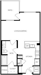 A floor plan of a home with a living/sleeping area, kitchen, bathroom, and storage.