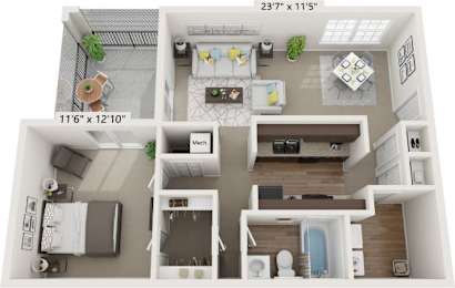 A floor plan of a small apartment with a kitchen, living room, and bathroom.