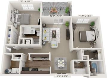 A floor plan of a two-bedroom apartment with a living room, kitchen, and bathroom.