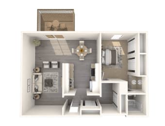 a 3d floor plan of a modern apartment with a bedroom and living room