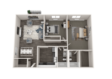 a 3d floor plan of a bedroom with a bathroom and a living room