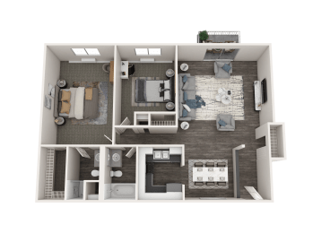 a 3d floor plan of a bedroom with a living room and a bathroom