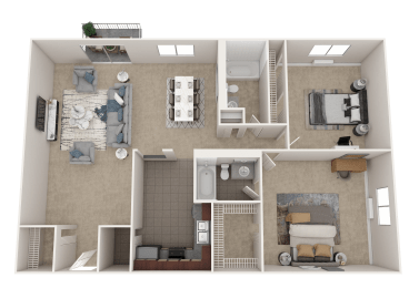 a 3d rendering of a furnished floor plan with a bedroom and a bathroom