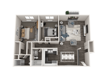 a rendering of a 3d floor plan with a bedroom and living room