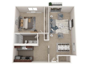 a 3d rendering of a floor plan with a bedroom and a bathroom