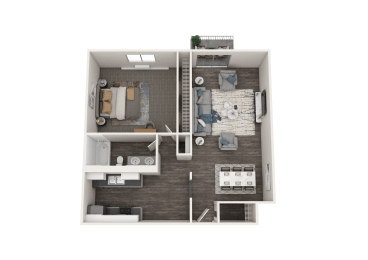 a 3d rendering of a floor plan with a bedroom and a bathroom