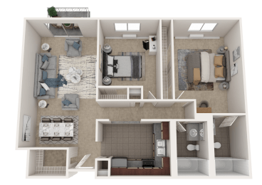 a rendering of a 3d floor plan with a bedroom and a living room