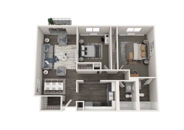 a rendering of a 3d floor plan with a bedroom and a living room