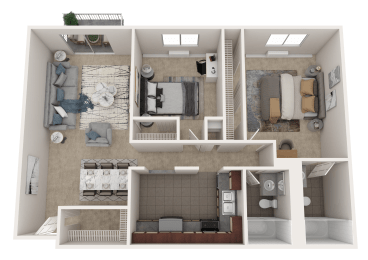 a 3d rendering of a 3 bedroom floor plan