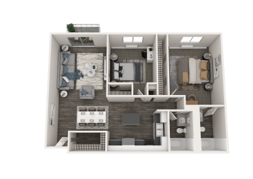 a 3d floor plan of a 1 bedroom 2100 sq ft