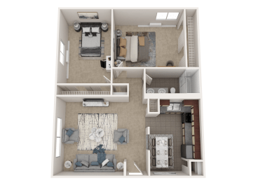 a 3d floor plan of a bedroom with a bathroom and a living room