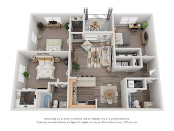 A 3D floor plan of a house with multiple rooms and furniture.