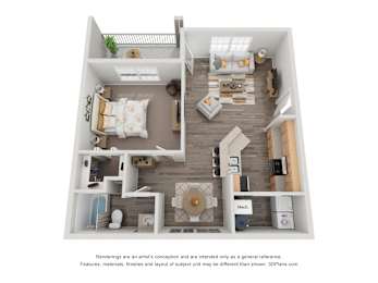 A 3D floor plan of a house with a living room, kitchen, and two bedrooms.