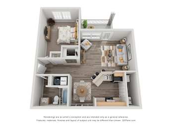 A 3D floor plan of a small apartment with a kitchen, living room, and bathroom.