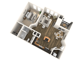 A 3D floor plan of a house with a kitchen, living room, and two bedrooms.