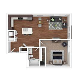 A top down view of a living room, kitchen, and bathroom.