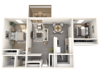 a 3d rendering of a bedroom with a bathroom and a living room
