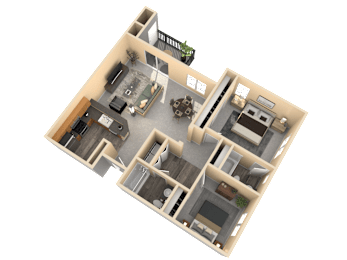 A 3D rendered image of a house layout.