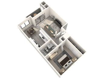 A 3D rendered image of a house layout.