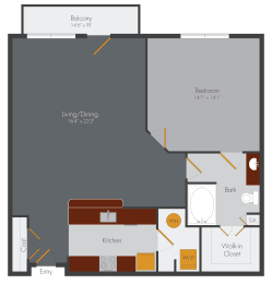 a floor plan of a studio apartment with a bedroom and a living room