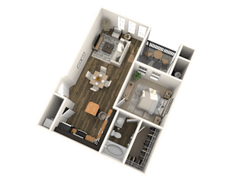 A 3D floor plan of a house with a living room, kitchen, and two bedrooms.