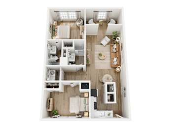 A top-down view of a small, neatly organized apartment with a kitchen, living room, and bathroom.