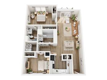 A top-down view of a small, neatly organized apartment with a kitchen, living room, and bathroom.
