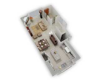 A top down view of a living room with a couch, coffee table, and a television.