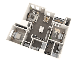 A 3D floor plan of a house with a central courtyard and surrounding rooms.