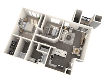 A 3D floor plan of a house with multiple rooms and furniture.