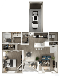 a stylized floor plan of a two bedroom apartment with a car in the garage at The Quarry Alamo Heights, San Antonio, Texas