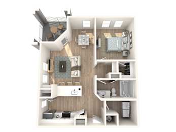 A top down view of a small apartment with a kitchen, living room, and bedroom.