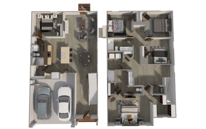 two views of a 3d floor plan of a house