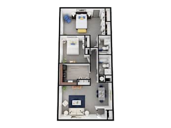 A floor plan of a small apartment with a kitchen, living room, and bathroom.
