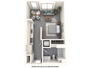 A 3D floor plan of a small apartment with a kitchen, living room, and bathroom.