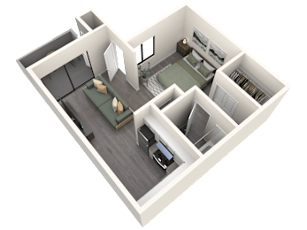 A 3D floor plan of a small apartment with a kitchen, living room, and bedroom.