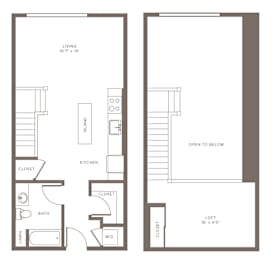 A floor plan of a small apartment with a living room, kitchen, bathroom, and two closets.