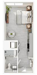 a floor plan of a small apartment with a bathroom and a bedroom