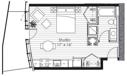 A floor plan of a house with a studio labeled "17'x16'".