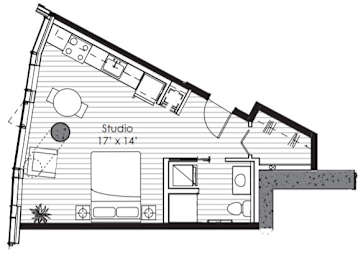 A floor plan of a studio apartment with a studio size of 17 x 14.