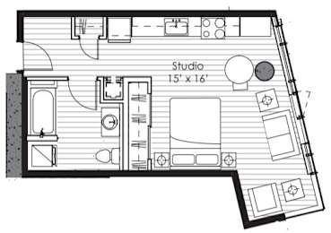 A floor plan of a studio apartment with a kitchen, living room, and bathroom.