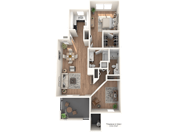 A detailed 3D floor plan of a house layout.