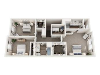 A 3D floor plan of a house with a kitchen, living room, bedrooms, and bathrooms.