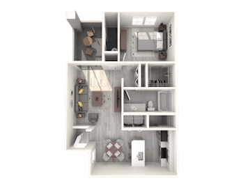 A 3D floor plan of a small apartment with a kitchen, living room, and bathroom.