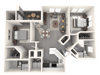 A 3D floor plan of a house with a kitchen, living room, and two bedrooms.